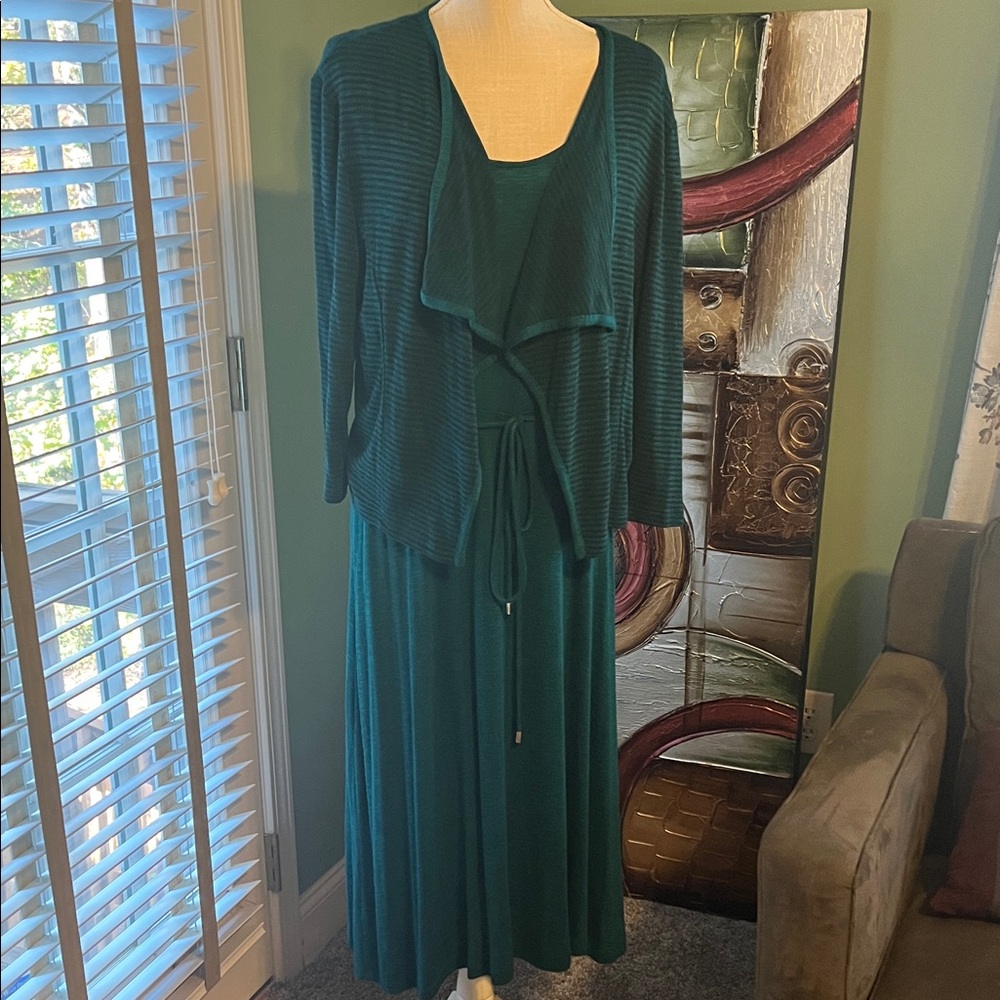 Sandra Darren Teal Dress with Cardigan, Size 16